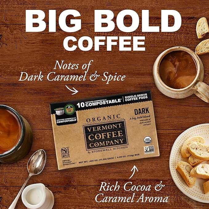 Vermont Coffee Company, Organic Dark Roast Coffee, K-Cup Single-Serve Compostable Coffee Pods, 10CT, Made in the USA