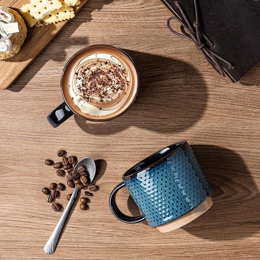 GBhome 15OZ Stackable Coffee Mugs, Ceramic Coffee Mugs with Texture Patterns for Man,Woman,Dad,Mom, Modern Coffee Mugs Set of 4 for Latte/Cappuccino/Cocoa. Dishwasher&Microwave Safe,