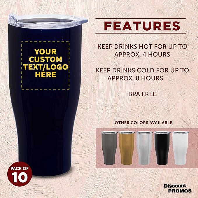 DISCOUNT PROMOS 10 Stainless Steel Grip Travel Mugs Set, 27 oz. - Customizable Text, Logo - Vacuum Insulated, Plastic Lid - Blue