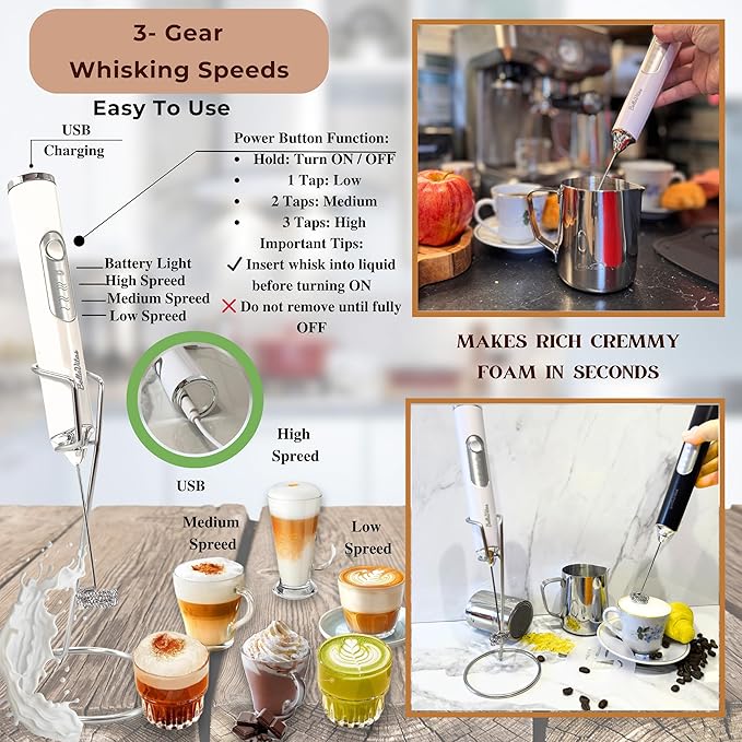 Milk Frother Handheld Rechargeable, 3-Speed Electric Frother Wand Whisk, Foam Maker Drink Mixer with Stand, 2 Whisks Coffee Frother for Latte, Cappuccino, Matcha, Cocoa, Eggs, White-1