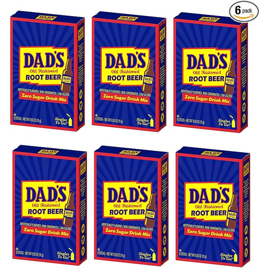 SINGLES TO GO! Dad's Old Fashioned Root Beer - Sugar Free Powdered Drink Mix - 6 Boxes with 6 Sticks Per Box - 36 Total Packets - Low Calorie - 0.53 Ounce (Pack of 6)