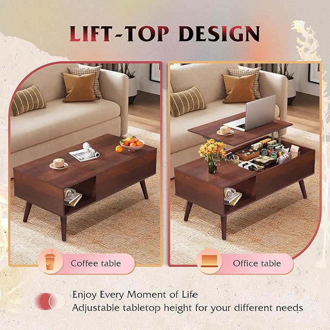 WLIVE Coffee Table for Living Room, Lift Top Coffee Table with Storage, Small Rising Wooden Dining Center Table with Storage Shelf & Hidden Compartment, 39" Espresso