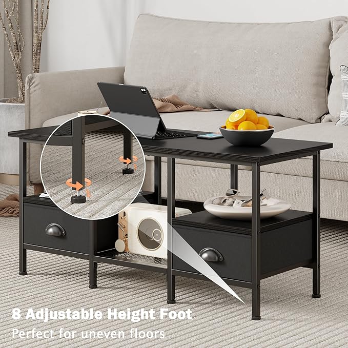 Furologee 35" Coffee Table with 2 Storage Drawers, Small Coffee Tables for Living Room, Modern Center Table with 2 Tier Shelf, Black