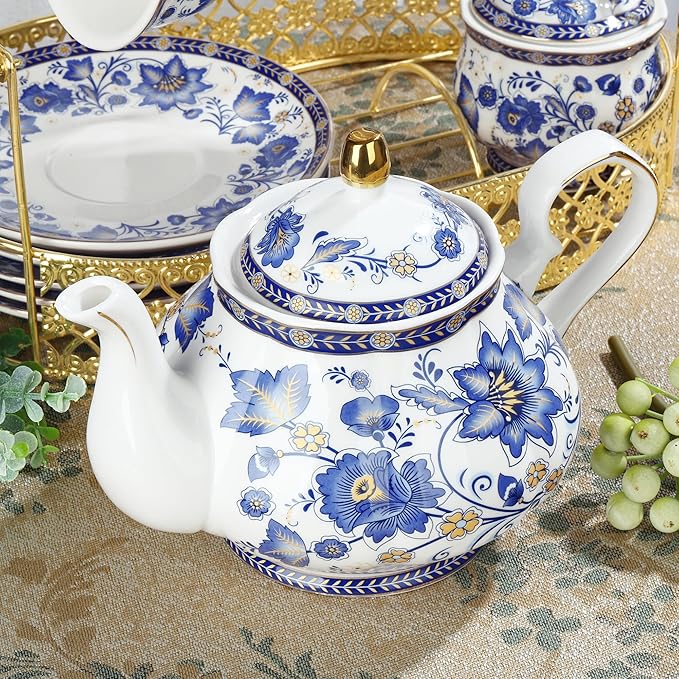 fanquare Porcelain Tea Sets,Blue British Coffee Cups& Saucer Service for 6, with Teapot,Sugar Bowl,Creamer Pitcher and Golden Metal Rack