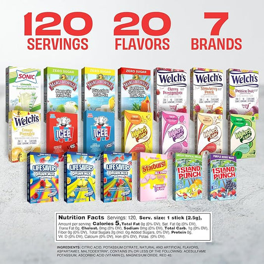 Singles To Go! 120ct Bulk Variety Pack - 20 Different Flavors from Margaritaville, Welch's, Lifesavers, and More - Sugar Free Drink Mix Packets - Sugar Free Water Flavoring Packets - Powdered Drink Mix