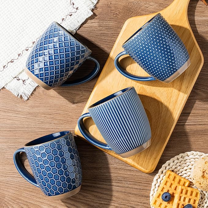 GBhome Large Coffee Mugs Set of 4, 16oz Handmade Embossed Coffee Mugs Set with Large Handle for Cappuccino/Latte/Tea/Hot Cocoa, Dishwasher & Microwave Safe, Blue