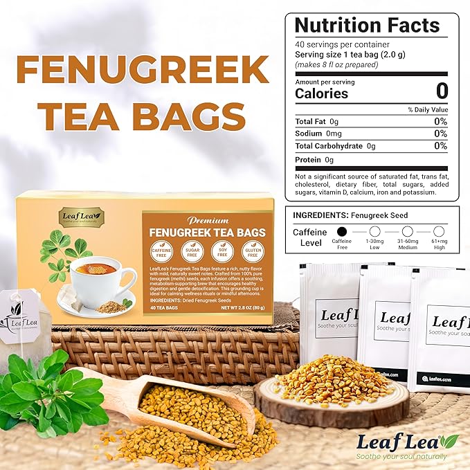 LeafLea 40 Natural Fenugreek Seed Tea Bags, 100% Pure from Fenugreek Seeds, Herbal Tea Infusion, Fenogreco Tea with Distinct Aroma and Smooth Flavor, Caffeine-Free, Individually Wrapped for Freshness