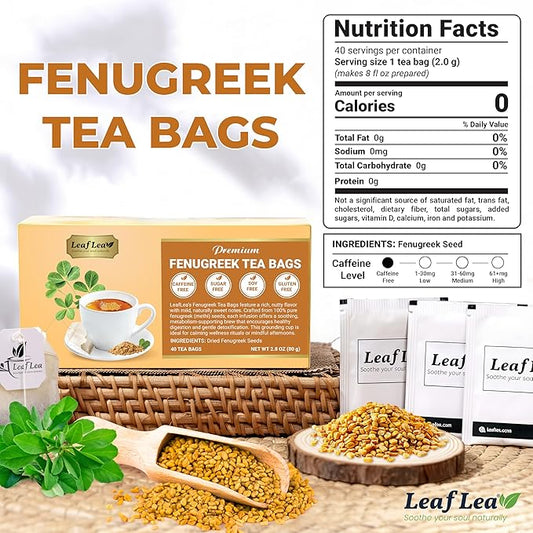 LeafLea 40 Natural Fenugreek Seed Tea Bags, 100% Pure from Fenugreek Seeds, Herbal Tea Infusion, Fenogreco Tea with Distinct Aroma and Smooth Flavor, Caffeine-Free, Individually Wrapped for Freshness