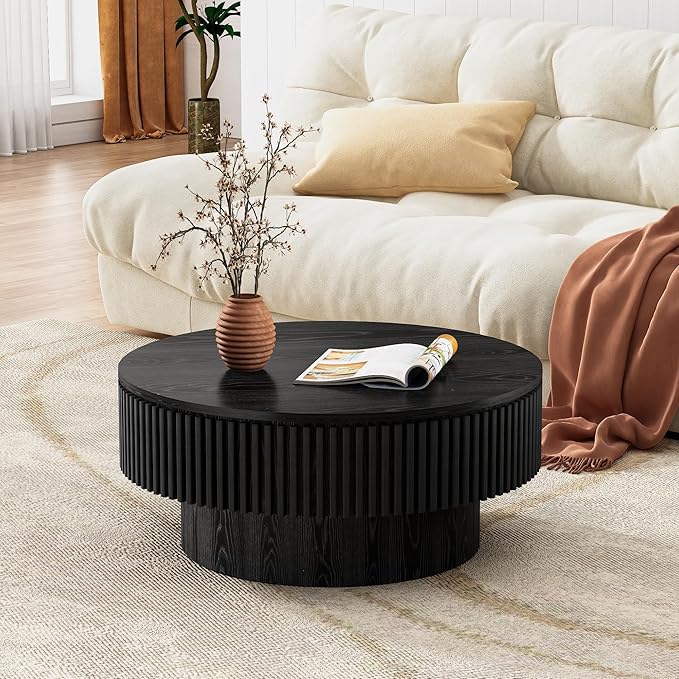 SZTHHDF Round Coffee Table for Living Room,Fluted Drum Accent Tea Center Table with Storage,Circle Modern Coffee Tables for Small Space Office Apartment (31.5" L×31.5''W×14''H-Black)
