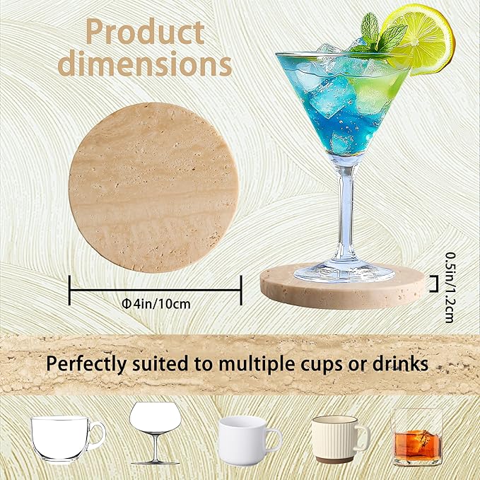 Natural Travertine Coasters Set of 4-4" Round Stone Drink Coasters for Housewarming Gifts, Anniversaries, Office Decorations