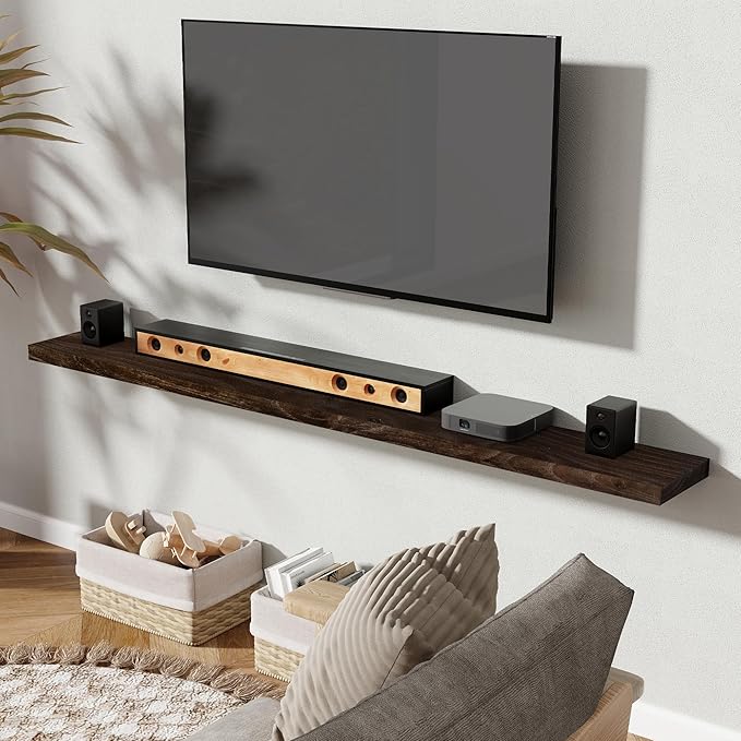 72 Inch Floating Shelves for Wall 1 Pack Shelves for Bedroom, Bathroom, Kitchen, Wall Mounted Rustic Solid Elm Wood Floating Shelf with Invisible Bracket for Books, Decor, Storage, Walnut