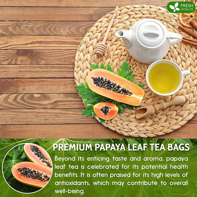 FreshDrinkUS, Premium 75 Papaya Leaf Tea Bags, 100% Natural & Pure from Papaya Leaves. Loose Leaf Herbal Tea. Made with Natural Material Tea Bags. No Sugar, No Caffeine, No Gluten, Vegan.