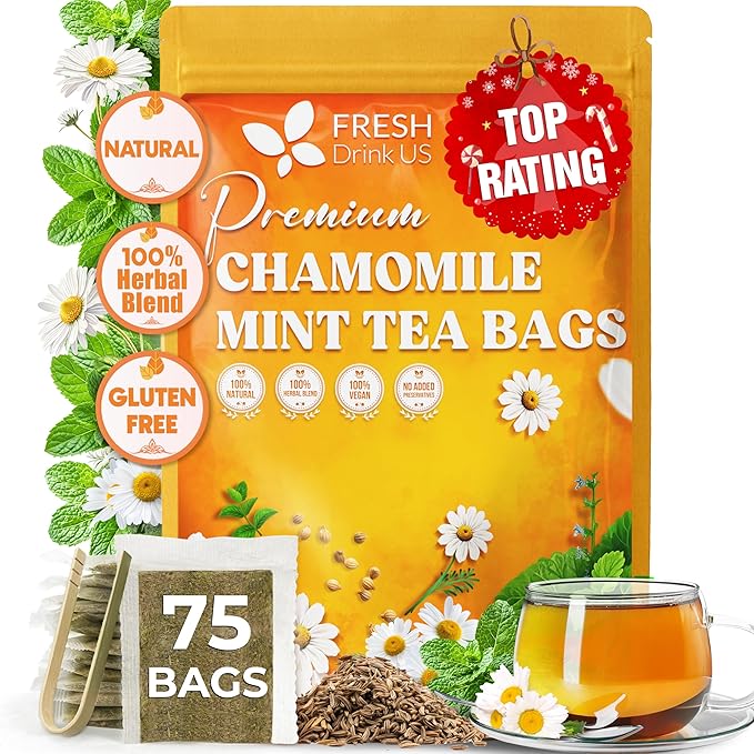 FreshDrinkUS, Chamomile Mint Tea Bags | 75 Count | Refreshing Herbal Blend of Chamomile Flower, Peppermint, Lemon Balm & other herbs – Smooth Floral & Minty Flavor – Premium Quality, Caffeine-Free