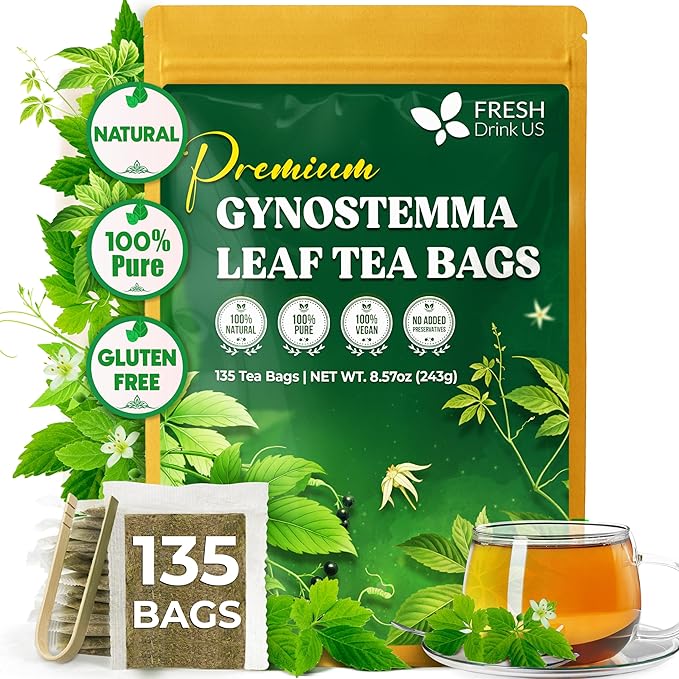 FreshDrinkUS, Premium Gynostemma Tea Bags (Jiaogulan) | 135 Count | Naturally Smooth & Earthy Caffeine-Free Herbal Tea – Plant-Based Tea Bags for Daily Enjoyment. Caffeine Free, Sugar Free. Vegan
