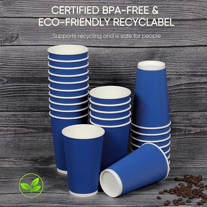 Coolcap 100 Pack 16 oz Disposable Coffee Cups with Lids and Straws, Insulated Ripple Wall To Go Paper Corrugated Cups, Bulk for Hot/Cold Drinks, Cafe Bar, Office, Chocolate, Cocoa (Navy)