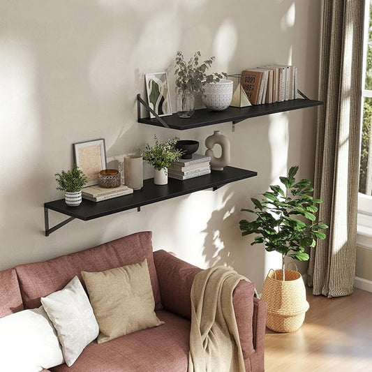 Deep Floating Shelves Wall Mounted, 48"x12" Black Wall Shelves with Brackets Set of 2 for Bedroom, Living Room, Bathroom, Kitchen, Office - Storage & Display Shelf for Decor, Books, Plants