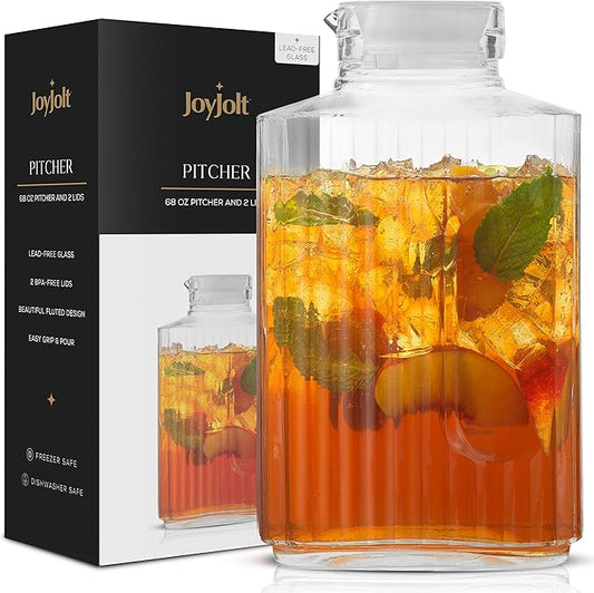 68oz Glass Pitcher with Lid (2 Lids), Rectangle Beverage Serveware and Storage Container for Cold Drinks and Liquids, Water Containers, 2 Quart Pitcher with Lid for Kool Aid and Lemonade