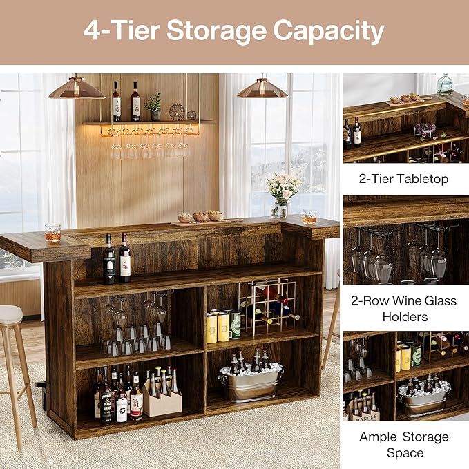Tribesigns 4-Tier Bar Table, 70.9-Inch Large Wood Home Bar Unit with Wine Glass Holder and Black Footrest, Pub Table with Storage Shelves for Kitchen, Indoor, Brown