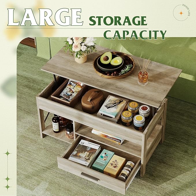 WLIVE Lift Top Coffee Table, 39" Coffee Table with Storage Drawers, Hidden Compartment, Wooden Lift Tabletop Center Table for Living Room, Home, Grey