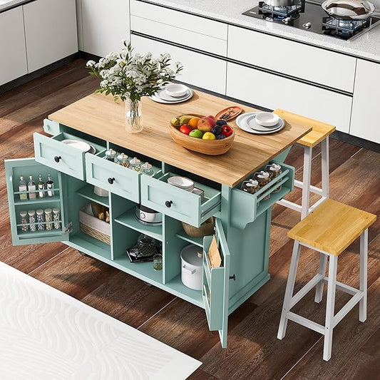 Rolling Kitchen Island with 2 Bar Stools, Drop Leaf, Cabinet Door Storage Racks & 3 Drawers, Mobile Kitchen Cart with Rubberwood Top & Locking Wheels for Dining Room & Kitchen, 53-Inch, Mint Green