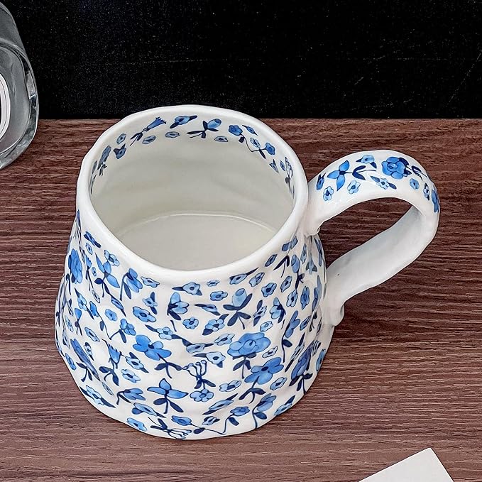 Large Ceramic Coffee Mug Cute Flower with Handmade Big Handle, 20oz Girly Blue Floral Tea Cup for Women Valentine Gift, Novelty Irregular Oversized Christmas Mugs for Latte Tea Milk Cocoa