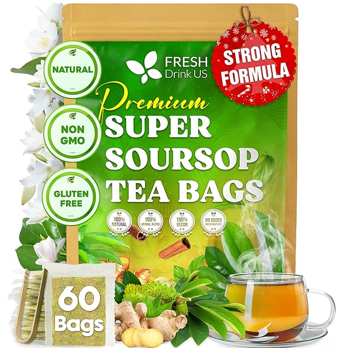 FreshDrinkUS, Super Soursop Herbal Tea – 60 Tea Bags | Soursop, Ginger, Turmeric, Lemongrass, Cinnamon, Black Pepper & Peppermint | Caffeine-Free, Natural Flavor, Plant-Based Blend | Sugar-Free