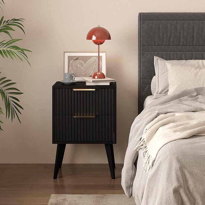 Small Black Night Stand,Modern Bedside Table, Nightstand with 2 Drawers,Fluted Side Table with Wood Legs,Mid Century End Table for Bedroom,Small Space,Black 11.8" D x 16" W x 22.4" H CTG55BK