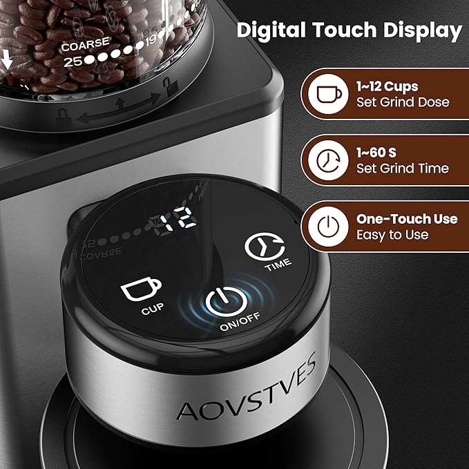 AOVSTVES Conical Burr Coffee Grinder for Home,25 Precise Grind Settings,60-Second Timer,Easy to Clean Stainless Steel Burrs,Anti-Static & Anti-Slip Base