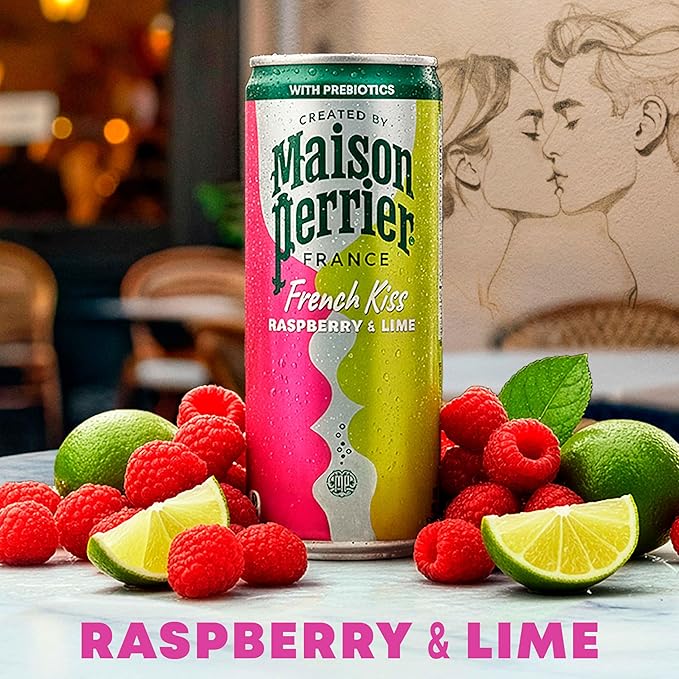 Maison Perrier French Kiss Sweetened Sparkling Juice Beverage, Raspberry & Lime Flavors With Real Fruit Juices, 24Pk
