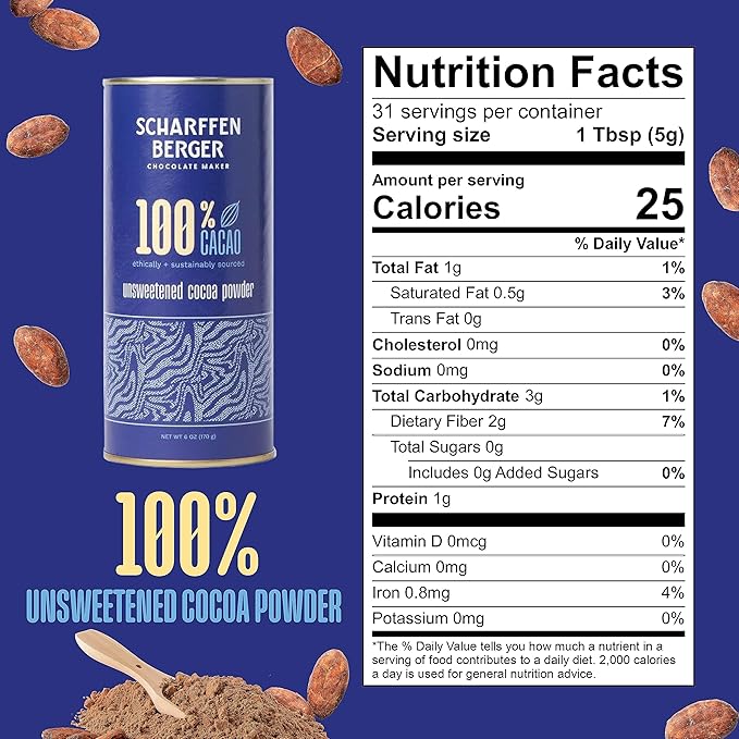 Scharffen Berger 100% Cacao Unsweetened Dark Chocolate Cocoa Powder (6 Ounce, Pack of 2) - Gluten Free, Non GMO, Natural Chocolate Powder