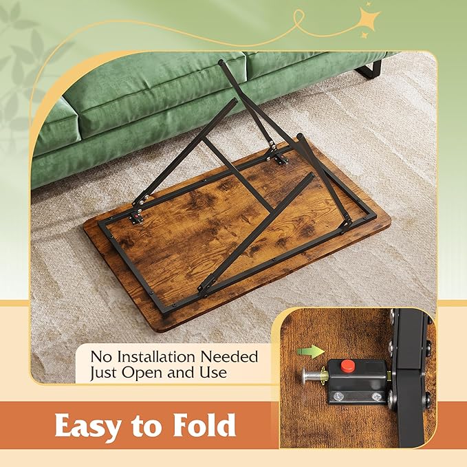 WLIVE Folding Coffee Table, Modern Portable Small Coffee Table with No Assembly Needed for Living Room, Home, Small Space, Rustic Brown