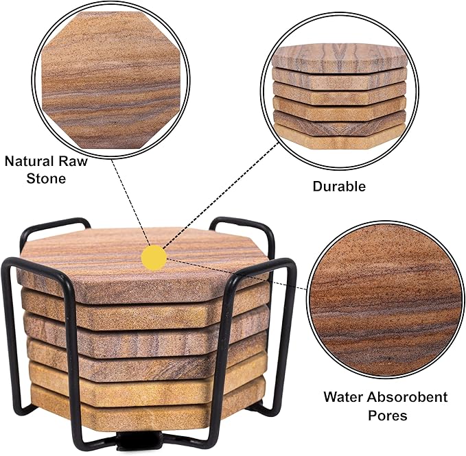 Sandstone Water Absorbent Hand Crafted Octagon Coasters with Holder for Drinks 4 Inches Wide Thirsty Stone Bar/Drink Coasters Made from Real Solid Stone (with Holder, Set of 6)