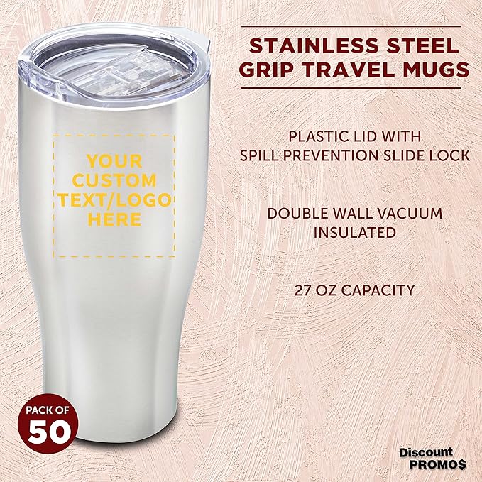 Custom Stainless Steel Grip Travel Mugs 27 oz. Set of 50, Personalized Bulk Pack - Perfect for Coffee, Soda, Other Hot & Cold Beverages - Silver