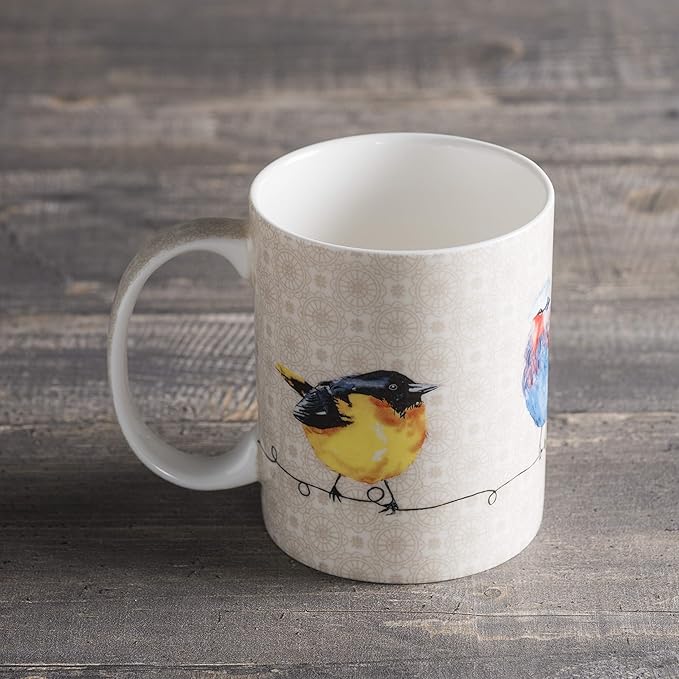 Maison d' Hermine Coffee Mug with Handles Fine Bone China Mugs Pack of One Tea Cups for Hot Beverages Cappuccino Latte Home Restaurant Office Perfect for Gift (Birdies On Wire - Nuthatch, 12 Ounce)