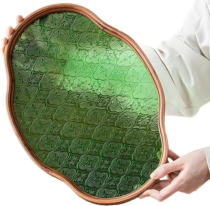 IwaiLoft Glass Serving Tray with The Crabapple Pattern Glass and Walnut for Kitchen Countertop Home Decor for Coffee Table, Also Suitable for Tea Coffee Decorative Trays (Green,11.4" x 7.8" x 1")