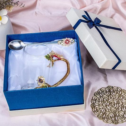 Flower Tea Cup,Butterfly Daisy Glass Fancy Coffee Mug with Spoon,Gift Box for Her Mom Wife Grandma Girls Friends Valentines Christmas Birthday Present Idea for Juice,Hot/Cold Drinks Use (purple)