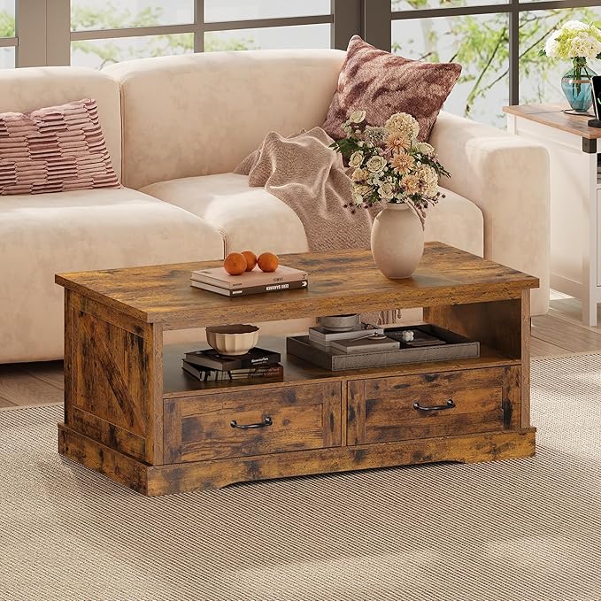 WLIVE Coffee Table for Living Room, 43" Framhouse Coffee Table with 2 Storage Drawers, Modern Center Table with Open Display Area, Elegant Curved Base, Rustic Brown