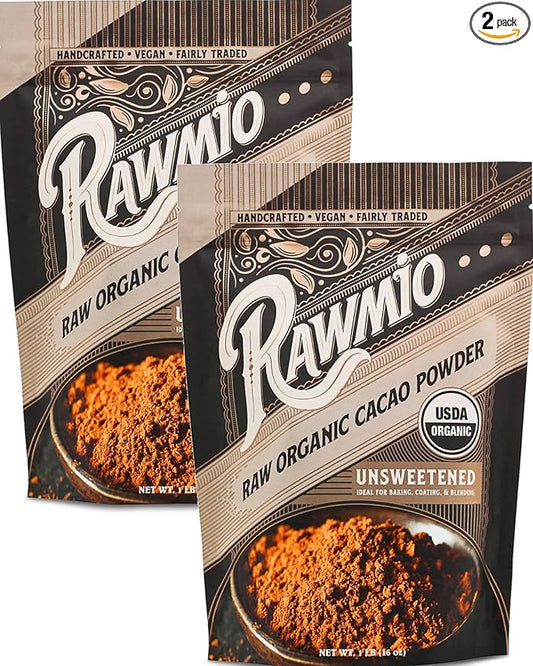 Rawmio Raw Organic Cacao Powder - Nutrient-Dense with Dietary Fiber, Iron, & Calcium - Rich & Creamy Raw Cacao for Drinking or Baking - Organic Cocoa Powder Alternative - 16 oz, Pack of 2