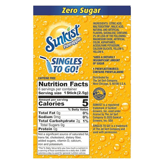Sunkist Singles-To-Go Drink Mix, Pineapple, Non-Carbonated, Low-Calorie, Zero Sugar, 6 CT in each box (Pack of 6)