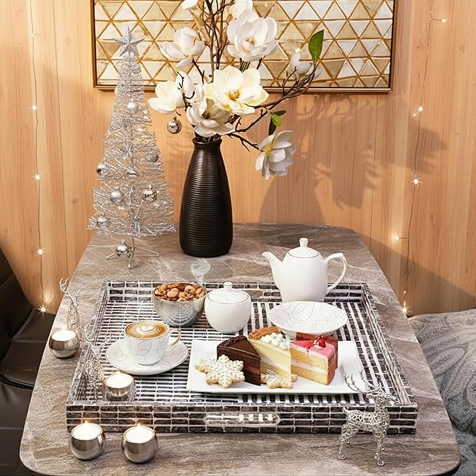 PEMAR Extra Large Square 20" Capiz Shell Ottoman Tray with Insert Handles, Oversized Decorative Luxury Wooden Serving Tray for Food, Coffee Table, Breakfast in Bed (Grey-White Stripes)