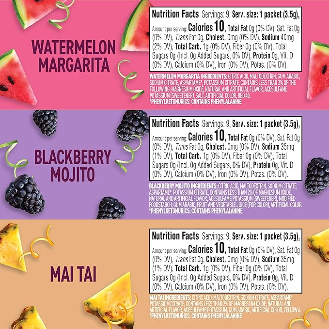 Crystal Light Mixology Drink Mix Variety Pack, 9 Packets, for Convenient On-the-Go Flavorful Hydration, Artificially Flavored Watermelon Margarita, Blackberry Mojito, Mai Tai, Zero Sugar, 1.17 oz