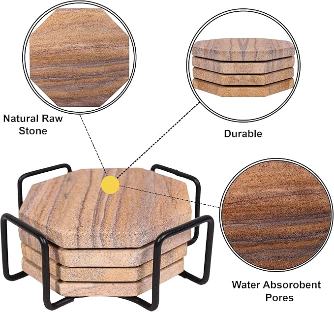 Sandstone Water Absorbent Hand Crafted Octagon Coasters with Holder for Drinks 4 Inches Wide Thirsty Stone Bar/Drink Coasters Made from Real Solid Stone (with Holder, Set of 4)