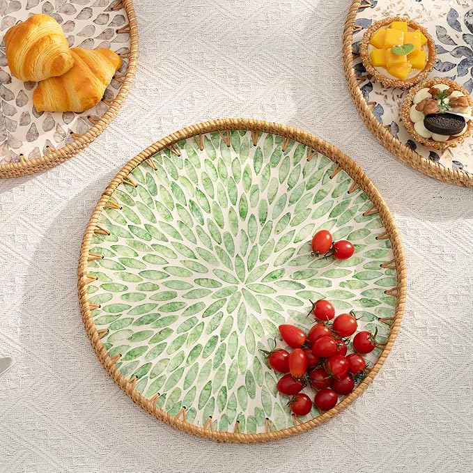 StorageWorks Decorative Coffee Table Trays for Home Decor, Round Rattan Tray with Mother of Pearl Inlay, Large Wicker Woven Serving Tray Decor for Kitchen Counter,Living Room and Ottoman, Green