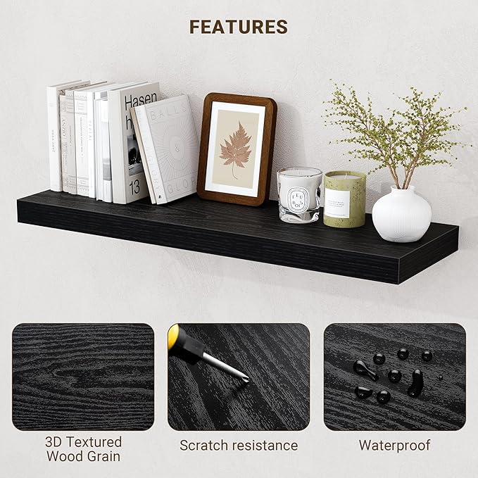 32 Inch Floating Shelves, 3D Textured Wood Grain, 32"x9.25"x1.5" Inch Deep Floating Shelves for Wall, Wooden Shelves for Bathroom, Bedroom, Living Room, Black, 2 Pieces