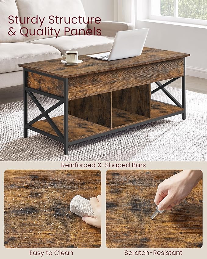 VASAGLE Lift Top Coffee Table, Lift Coffee Table with Storage Shelf, Hidden Compartments and Lifting Top, for Living Room, Office, 19.7 x 47.2 x (19.3-24.4) Inches, Rustic Brown and Black ULCT212B01