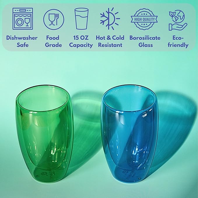 Double Wall Glass Cup 15oz Insulated Coffee Mug for Coffee Tasting Christmas Drinks Home Café Cozy Nights Holiday Gifts Set in Ocean Blue/Botanic Green