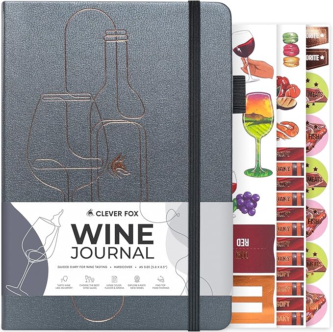 Clever Fox Wine Journal for Wine Tasting – Guided Diary & Log Book with Tasting Instructions, Aroma Wheel, Food Pairing & Glass Guide – 132 Entries, Hardcover, A5 Size (Silver Black)