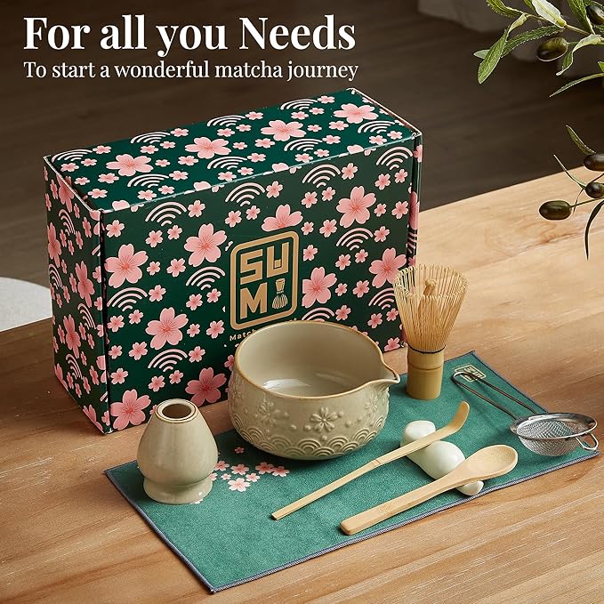 Matcha Whisk Set 9pcs – Matcha Tea Set with Ceramic Matcha Bowl, Bamboo Whisk (Chasen), Scoop, Sifter | Matcha Kit for Japanese Tea Ceremony & Beginners(Mottled)