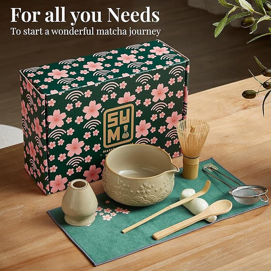Matcha Whisk Set 9pcs – Matcha Tea Set with Ceramic Matcha Bowl, Bamboo Whisk (Chasen), Scoop, Sifter | Matcha Kit for Japanese Tea Ceremony & Beginners(Mottled)