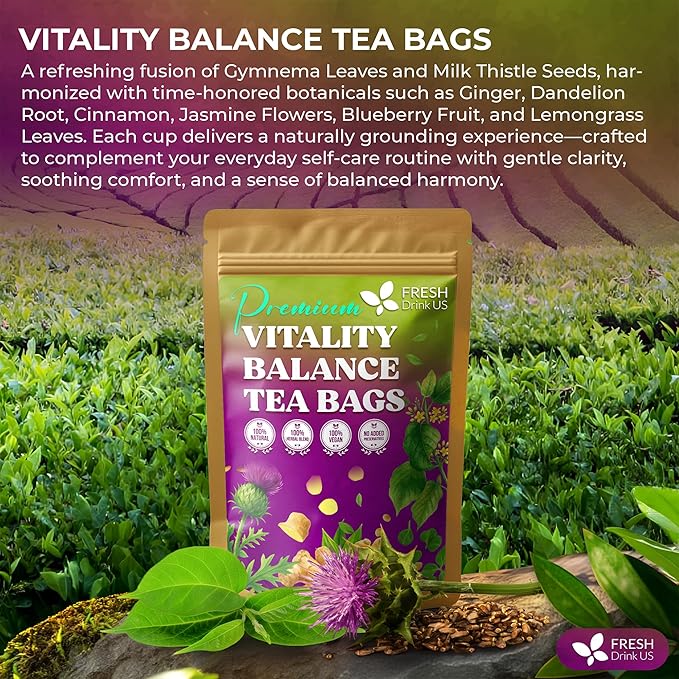 FreshDrinkUS, Vitality Balance Tea Bags | 30 Count | Herbal Blend with Gymnema, Milk Thistle Seed, Fenugreek, Dandelion Root, Ginger, Orange Peel & Other Herbs – 100% Natural, Caffeine-Free Herbal Tea